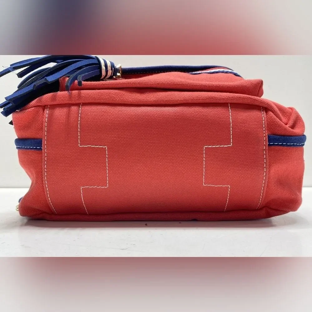 Tory Burch Designer Embroidered Red Canvas Backpack Navy Tassel Purse Bag